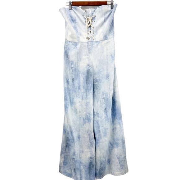 Petersyn Womens Jumpsuit‎ L Strapless Linen Blend Corset Wide Leg Watercolor - Picture 2 of 12